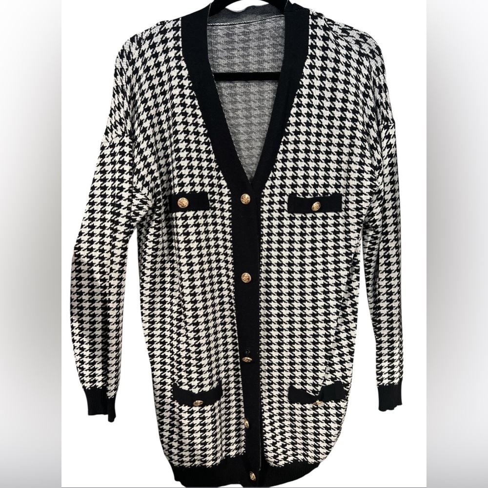 Houndstooth Cardigan with Gold Buttons